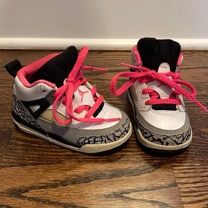 Nike Air Jordan children’s sneakers, pink/white/black, size 6c (US)